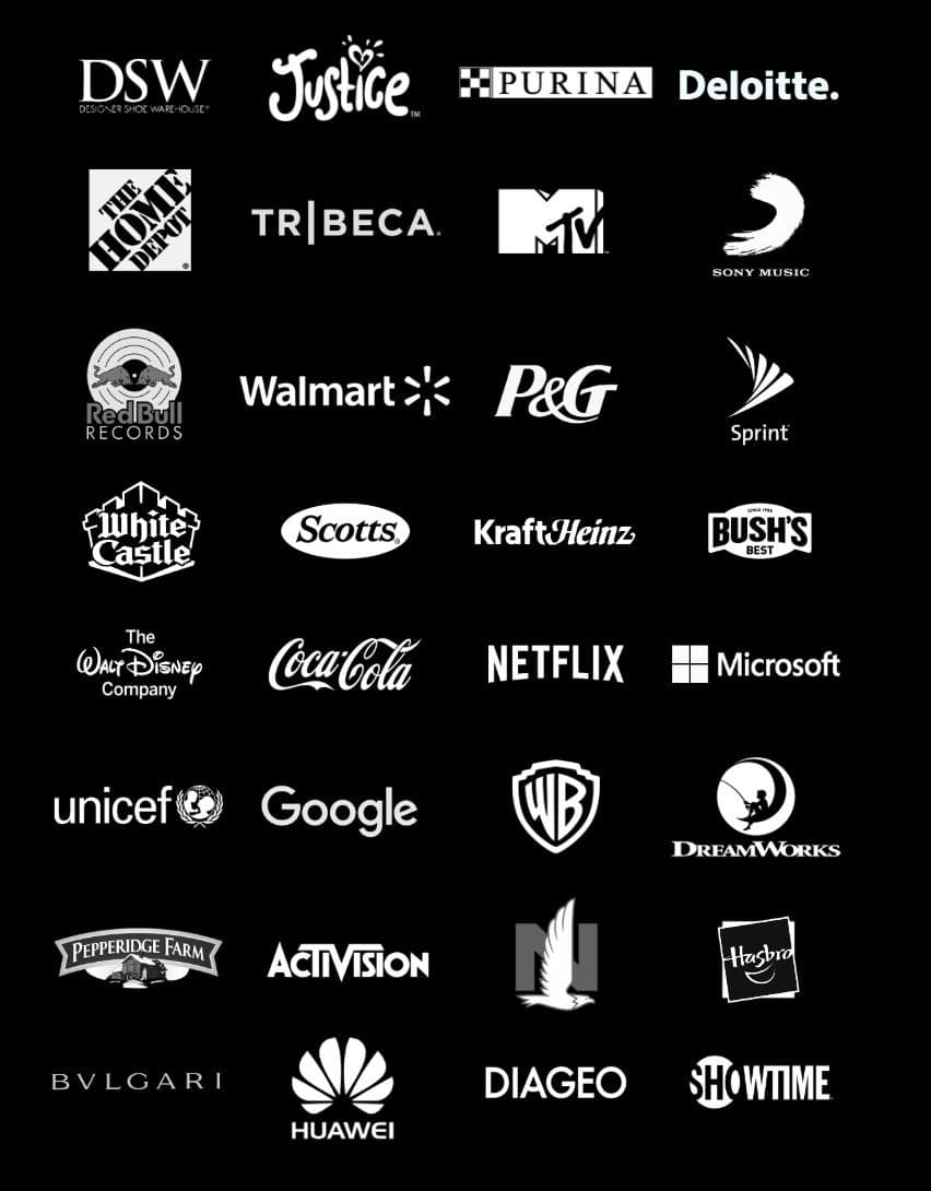 Brand partners including Walmart, P&G, Google, Netflix, Warner Bros, Deloitte, and more